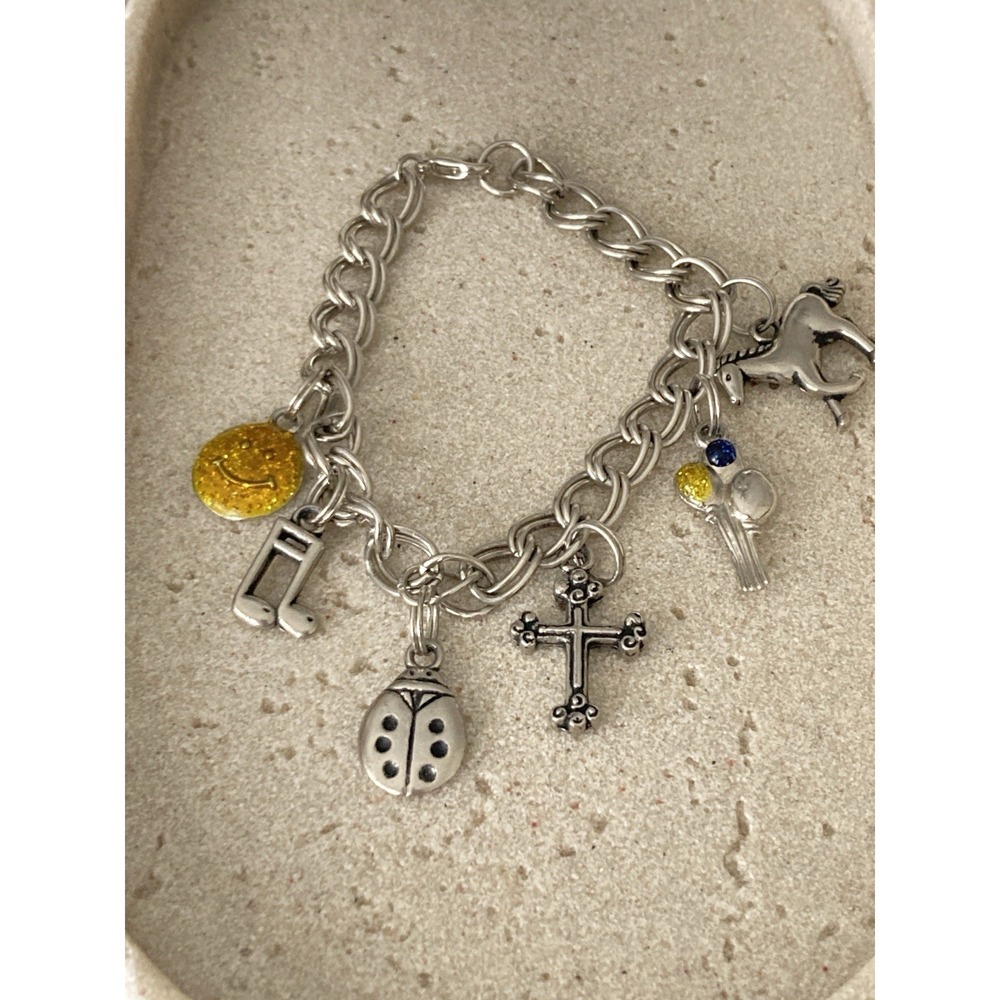 Silver Tone Charm Bracelet Cross Ladybug Music Note‎ Horse Smiley Dangle Chunky